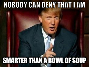 Donald Trump | NOBODY CAN DENY THAT I AM; SMARTER THAN A BOWL OF SOUP | image tagged in donald trump | made w/ Imgflip meme maker