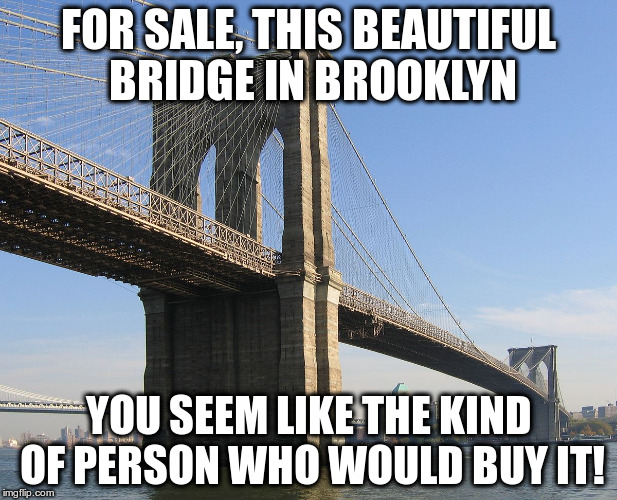 A Great Investment | FOR SALE, THIS BEAUTIFUL BRIDGE IN BROOKLYN; YOU SEEM LIKE THE KIND OF PERSON WHO WOULD BUY IT! | image tagged in old fashioned humor,politics,right,left,response meme | made w/ Imgflip meme maker