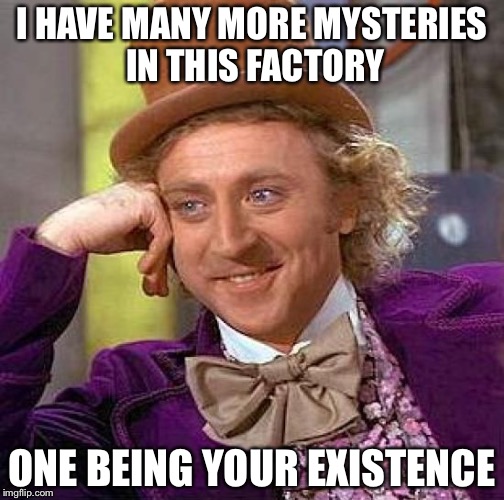 Creepy Condescending Wonka Meme | I HAVE MANY MORE MYSTERIES IN THIS FACTORY; ONE BEING YOUR EXISTENCE | image tagged in memes,creepy condescending wonka | made w/ Imgflip meme maker