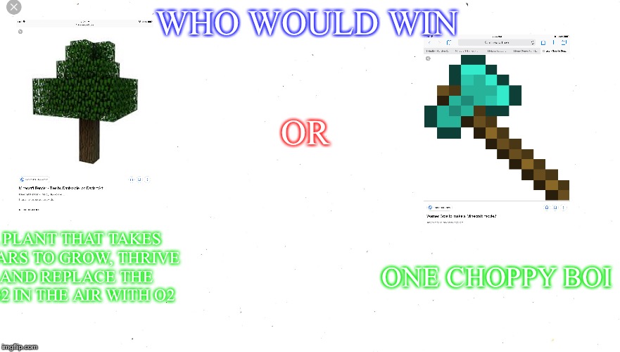One choppy boi | WHO WOULD WIN; OR; A PLANT THAT TAKES YEARS TO GROW, THRIVE AND REPLACE THE CO2 IN THE AIR WITH O2; ONE CHOPPY BOI | image tagged in funny meme,original meme | made w/ Imgflip meme maker