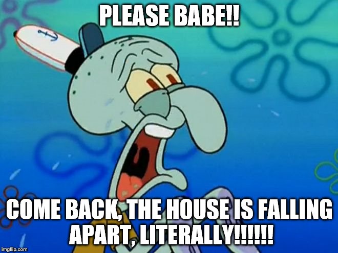 Squidward | PLEASE BABE!! COME BACK, THE HOUSE IS FALLING APART, LITERALLY!!!!!! | image tagged in squidward | made w/ Imgflip meme maker