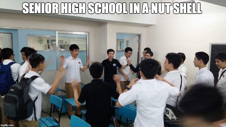 SENIOR HIGH SCHOOL IN A NUT SHELL | image tagged in senior high school students bonding | made w/ Imgflip meme maker