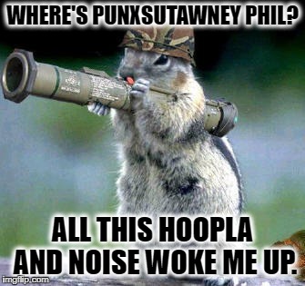 Bazooka Squirrel Meme | WHERE'S PUNXSUTAWNEY PHIL? ALL THIS HOOPLA AND NOISE WOKE ME UP. | image tagged in memes,bazooka squirrel | made w/ Imgflip meme maker