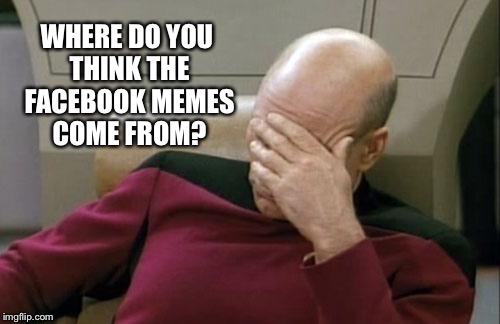 Captain Picard Facepalm Meme | WHERE DO YOU THINK THE FACEBOOK MEMES COME FROM? | image tagged in memes,captain picard facepalm | made w/ Imgflip meme maker