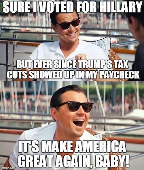 The Bottom Line Trumps Liberalism | SURE I VOTED FOR HILLARY; BUT EVER SINCE TRUMP'S TAX CUTS SHOWED UP IN MY PAYCHECK; IT'S MAKE AMERICA GREAT AGAIN, BABY! | image tagged in memes,leonardo dicaprio wolf of wall street | made w/ Imgflip meme maker