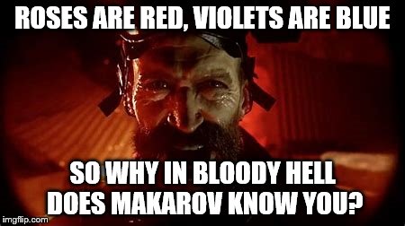 ROSES ARE RED, VIOLETS ARE BLUE; SO WHY IN BLOODY HELL DOES MAKAROV KNOW YOU? | image tagged in call of duty | made w/ Imgflip meme maker