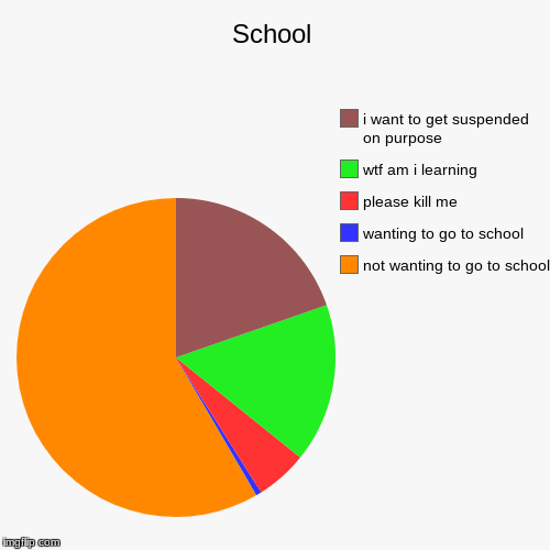 School | not wanting to go to school, wanting to go to school, please kill me, wtf am i learning, i want to get suspended on purpose | image tagged in funny,pie charts | made w/ Imgflip chart maker