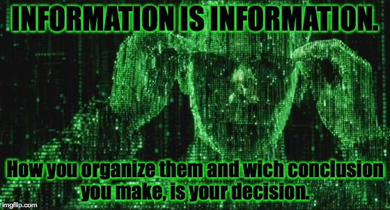 Matrix Neo | INFORMATION IS INFORMATION. How you organize them and wich conclusion you make, is your decision. | image tagged in matrix neo | made w/ Imgflip meme maker