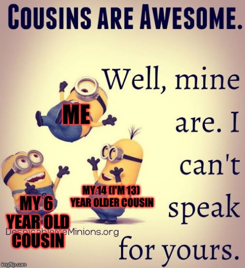 Me and my weird family……… | ME; MY 14 (I'M 13) YEAR OLDER COUSIN; MY 6 YEAR OLD COUSIN | image tagged in memes,meme,cousin,minions | made w/ Imgflip meme maker