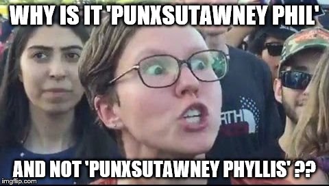 Groundhog Day is politically INCORRECT! | WHY IS IT 'PUNXSUTAWNEY PHIL'; AND NOT 'PUNXSUTAWNEY PHYLLIS' ?? | image tagged in angry liberal,politically incorrect,groundhog day,punxsutawney phil,libtard | made w/ Imgflip meme maker