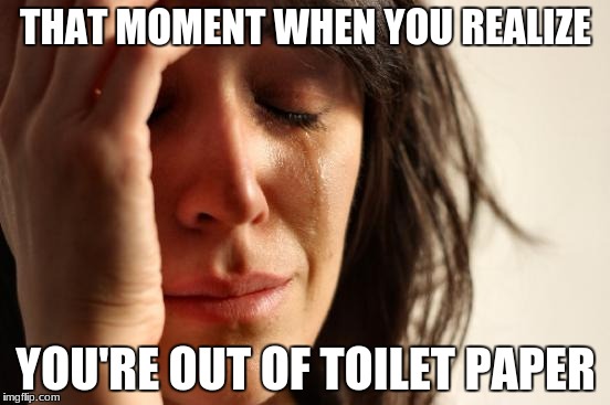 First World Problems Meme | THAT MOMENT WHEN YOU REALIZE; YOU'RE OUT OF TOILET PAPER | image tagged in memes,first world problems | made w/ Imgflip meme maker