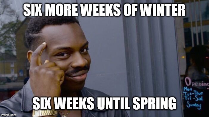 Who you gonna believe? | SIX MORE WEEKS OF WINTER; SIX WEEKS UNTIL SPRING | image tagged in memes,roll safe think about it | made w/ Imgflip meme maker