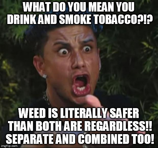 It's facts Pauly, weed IS better than one or the other AND still less harmful | WHAT DO YOU MEAN YOU DRINK AND SMOKE TOBACCO?!? WEED IS LITERALLY SAFER THAN BOTH ARE REGARDLESS!! SEPARATE AND COMBINED TOO! | image tagged in memes,dj pauly d | made w/ Imgflip meme maker