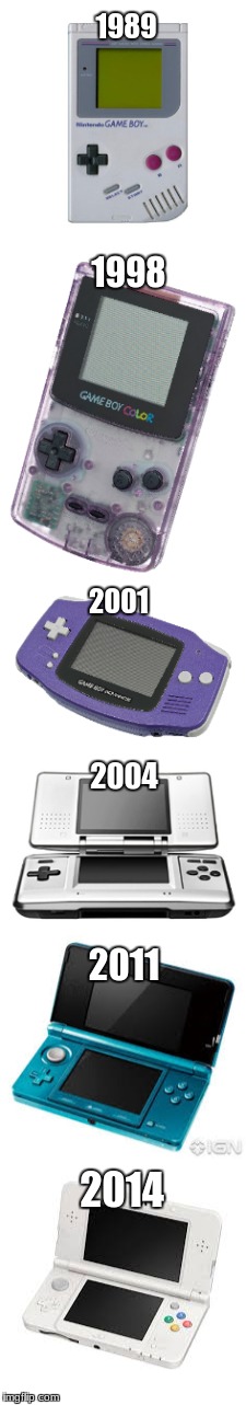 We've come a long way | 1989; 1998; 2001; 2004; 2011; 2014 | image tagged in nintendo,gameboy,ds,evolution | made w/ Imgflip meme maker