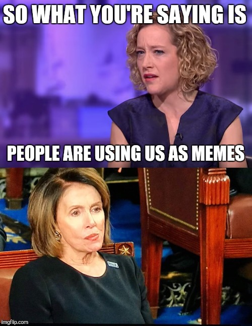 SO WHAT YOU'RE SAYING IS; PEOPLE ARE USING US AS MEMES | image tagged in nancy pelosi,jordan peterson vs feminist interviewer | made w/ Imgflip meme maker
