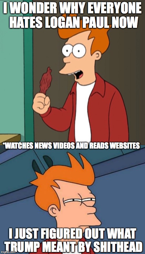 Logan Paul, I have no words for your actions. | I WONDER WHY EVERYONE HATES LOGAN PAUL NOW; *WATCHES NEWS VIDEOS AND READS WEBSITES; I JUST FIGURED OUT WHAT TRUMP MEANT BY SHITHEAD | image tagged in futurama fry | made w/ Imgflip meme maker