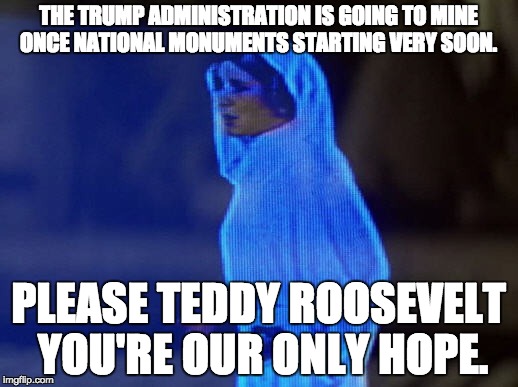 Teddy Roosevelt is our only hopw | THE TRUMP ADMINISTRATION IS GOING TO MINE ONCE NATIONAL MONUMENTS STARTING VERY SOON. PLEASE TEDDY ROOSEVELT YOU'RE OUR ONLY HOPE. | image tagged in memes,politics,donald trump,funny,help me obi-wan you're our only hope. | made w/ Imgflip meme maker