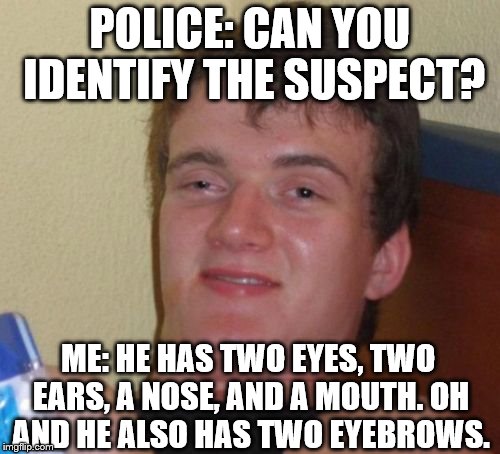 10 Guy Meme | POLICE: CAN YOU IDENTIFY THE SUSPECT? ME: HE HAS TWO EYES, TWO EARS, A NOSE, AND A MOUTH. OH AND HE ALSO HAS TWO EYEBROWS. | image tagged in memes,10 guy | made w/ Imgflip meme maker