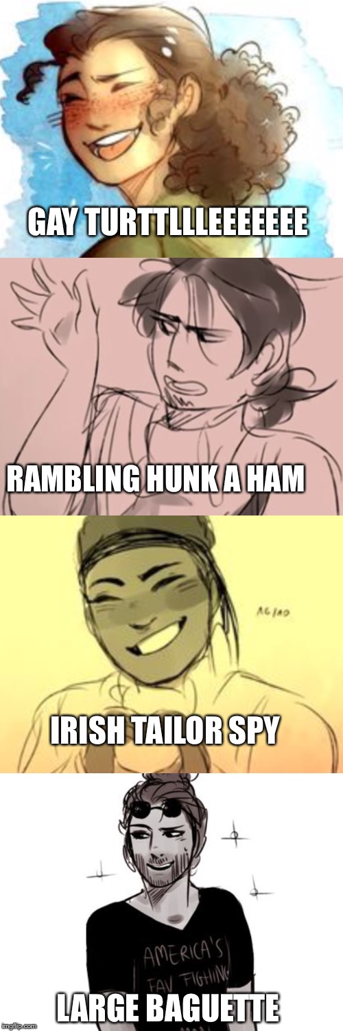 GAY TURTTLLLEEEEEEE; RAMBLING HUNK A HAM; IRISH TAILOR SPY; LARGE BAGUETTE | image tagged in hamilton,funny | made w/ Imgflip meme maker