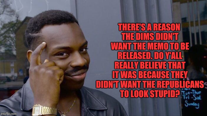 Roll Safe Think About It Meme | THERE'S A REASON THE DIMS DIDN'T WANT THE MEMO TO BE RELEASED. DO Y'ALL REALLY BELIEVE THAT IT WAS BECAUSE THEY DIDN'T WANT THE REPUBLICANS TO LOOK STUPID? | image tagged in memes,roll safe think about it | made w/ Imgflip meme maker