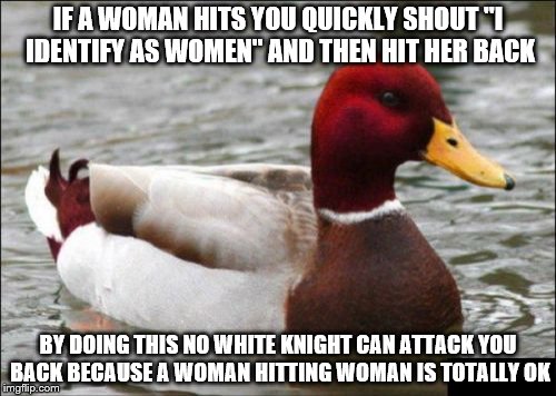 Malicious Advice Mallard Meme | IF A WOMAN HITS YOU QUICKLY SHOUT "I IDENTIFY AS WOMEN" AND THEN HIT HER BACK; BY DOING THIS NO WHITE KNIGHT CAN ATTACK YOU BACK BECAUSE A WOMAN HITTING WOMAN IS TOTALLY OK | image tagged in memes,malicious advice mallard | made w/ Imgflip meme maker
