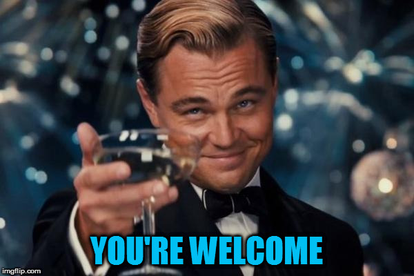 Leonardo Dicaprio Cheers Meme | YOU'RE WELCOME | image tagged in memes,leonardo dicaprio cheers | made w/ Imgflip meme maker