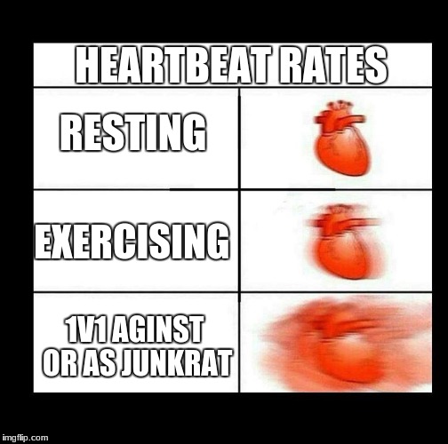 heart beating faster | HEARTBEAT RATES; RESTING; EXERCISING; 1V1 AGINST OR AS JUNKRAT | image tagged in heart beating faster | made w/ Imgflip meme maker