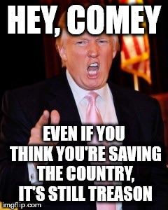 Donald Trump | HEY, COMEY; EVEN IF YOU THINK YOU'RE SAVING THE COUNTRY, IT'S STILL TREASON | image tagged in donald trump | made w/ Imgflip meme maker
