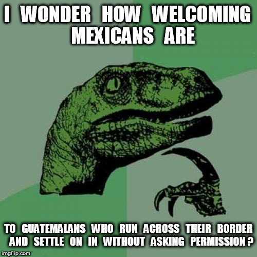 Philosoraptor Meme | I   WONDER   HOW   WELCOMING   MEXICANS   ARE; TO   GUATEMALANS   WHO   RUN   ACROSS   THEIR   BORDER   AND   SETTLE   ON   IN   WITHOUT   ASKING   PERMISSION ? | image tagged in memes,philosoraptor | made w/ Imgflip meme maker