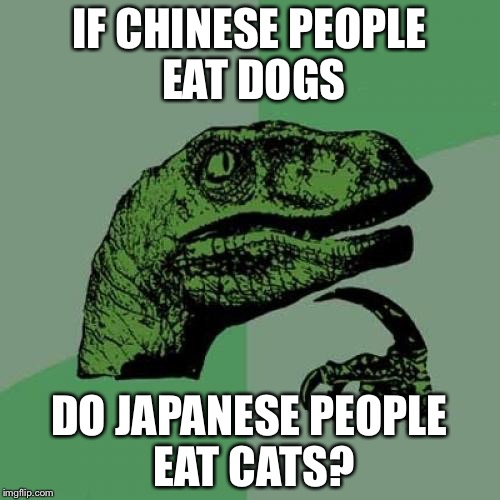 Philosoraptor | IF CHINESE PEOPLE EAT DOGS; DO JAPANESE PEOPLE EAT CATS? | image tagged in memes,philosoraptor | made w/ Imgflip meme maker