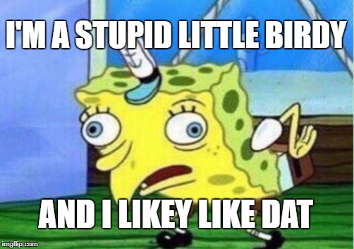 Mocking Spongebob Meme | I'M A STUPID LITTLE BIRDY; AND I LIKEY LIKE DAT | image tagged in memes,mocking spongebob | made w/ Imgflip meme maker