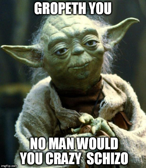 Star Wars Yoda Meme | GROPETH YOU NO MAN WOULD  YOU CRAZY  SCHIZO | image tagged in memes,star wars yoda | made w/ Imgflip meme maker