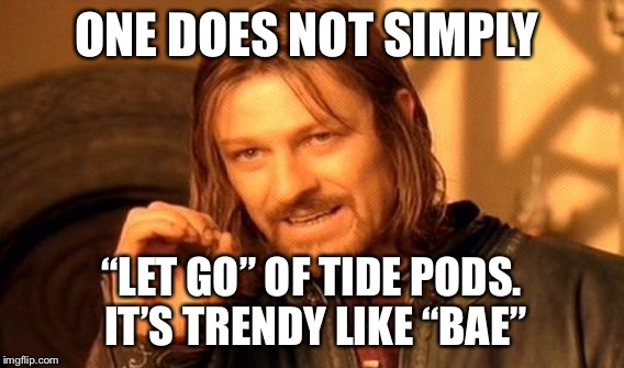 One Does Not Simply Meme | ONE DOES NOT SIMPLY; “LET GO” OF TIDE PODS. IT’S TRENDY LIKE “BAE” | image tagged in memes,one does not simply | made w/ Imgflip meme maker