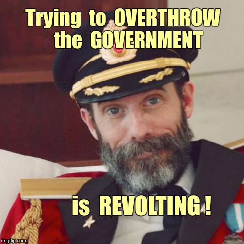 Government Overthrow | Trying  to  OVERTHROW   the 
GOVERNMENT; is  REVOLTING ! | image tagged in captain obvious,memes,government | made w/ Imgflip meme maker