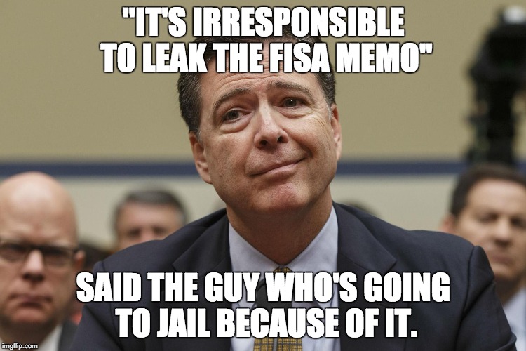 James Comey | "IT'S IRRESPONSIBLE TO LEAK THE FISA MEMO"; SAID THE GUY WHO'S GOING TO JAIL BECAUSE OF IT. | image tagged in james comey | made w/ Imgflip meme maker
