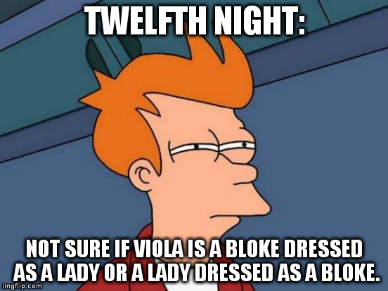 THOSE PLAYS ARE SO CONFUSING!!! | TWELFTH NIGHT:; NOT SURE IF VIOLA IS A BLOKE DRESSED AS A LADY OR A LADY DRESSED AS A BLOKE. | image tagged in memes,futurama fry,twelfth night,shakespeare | made w/ Imgflip meme maker