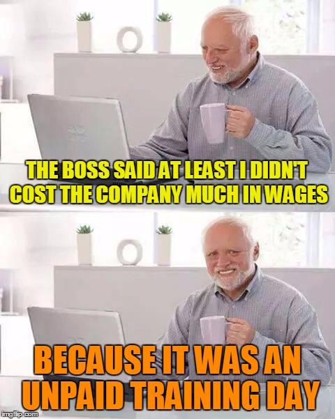 THE BOSS SAID AT LEAST I DIDN'T COST THE COMPANY MUCH IN WAGES BECAUSE IT WAS AN UNPAID TRAINING DAY | made w/ Imgflip meme maker