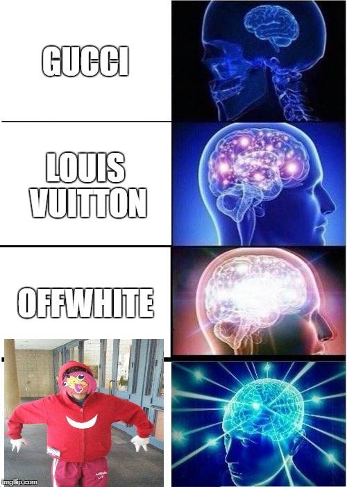 Expanding Brain | GUCCI; LOUIS VUITTON; OFFWHITE | image tagged in memes,expanding brain | made w/ Imgflip meme maker