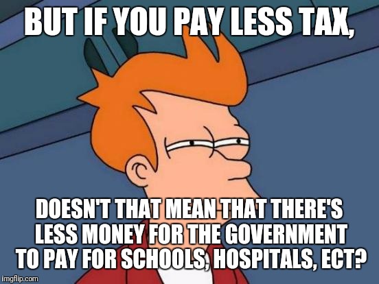 Futurama Fry Meme | BUT IF YOU PAY LESS TAX, DOESN'T THAT MEAN THAT THERE'S LESS MONEY FOR THE GOVERNMENT TO PAY FOR SCHOOLS, HOSPITALS, ECT? | image tagged in memes,futurama fry | made w/ Imgflip meme maker