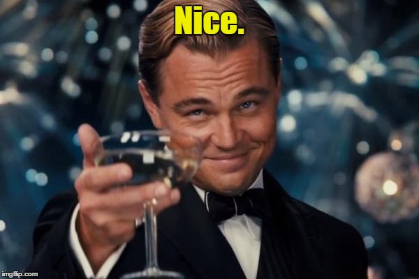 Leonardo Dicaprio Cheers Meme | Nice. | image tagged in memes,leonardo dicaprio cheers | made w/ Imgflip meme maker