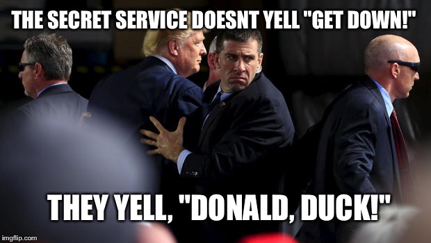 The Secret Service isn't allowed to yell "Get down!" anymore when the President is about to be attacked... |  THE SECRET SERVICE DOESNT YELL "GET DOWN!"; THEY YELL, "DONALD, DUCK!" | image tagged in secret service | made w/ Imgflip meme maker