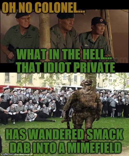 Every unit has that one guy. | OH NO COLONEL... WHAT IN THE HELL... THAT IDIOT PRIVATE; HAS WANDERED SMACK DAB INTO A MIMEFIELD | image tagged in memes,army,funny meme | made w/ Imgflip meme maker