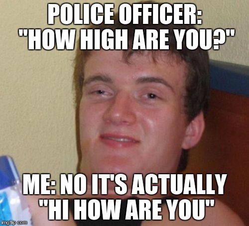 10 Guy Meme | POLICE OFFICER: "HOW HIGH ARE YOU?"; ME: NO IT'S ACTUALLY "HI HOW ARE YOU" | image tagged in memes,10 guy | made w/ Imgflip meme maker