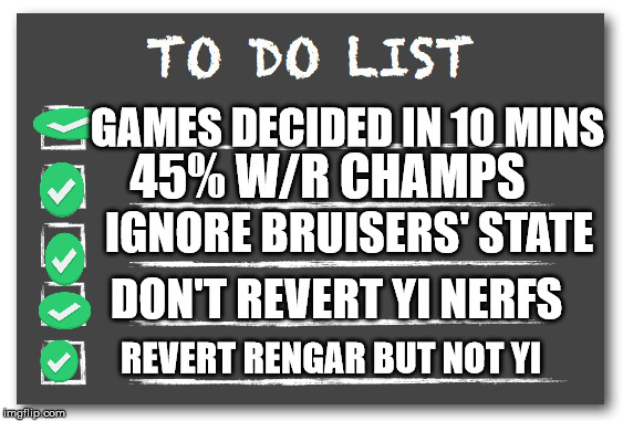 To do list | GAMES DECIDED IN 10 MINS; 45% W/R CHAMPS; IGNORE BRUISERS' STATE; DON'T REVERT YI NERFS; REVERT RENGAR BUT NOT YI | image tagged in to do list | made w/ Imgflip meme maker