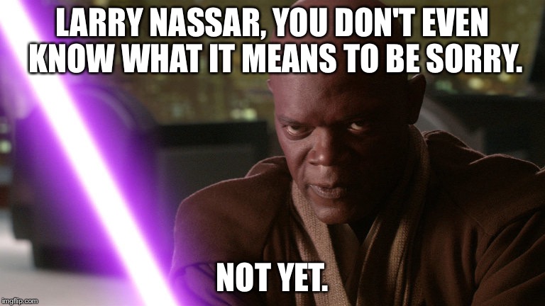 Mace Windu is gonna make life Hell for gymnastics doctor Larry Nassar | LARRY NASSAR, YOU DON'T EVEN KNOW WHAT IT MEANS TO BE SORRY. NOT YET. | image tagged in mace windu,larry nassar,gymnastics,olympics,pedophile,justice | made w/ Imgflip meme maker