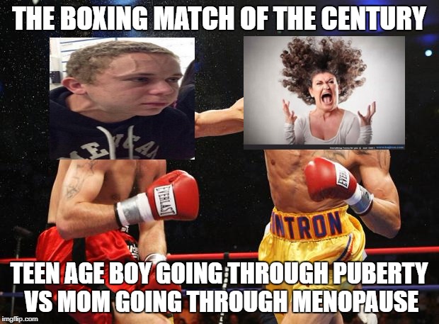 the boxing match of the century | THE BOXING MATCH OF THE CENTURY; TEEN AGE BOY GOING THROUGH PUBERTY VS MOM GOING THROUGH MENOPAUSE | image tagged in funny,funny meme | made w/ Imgflip meme maker