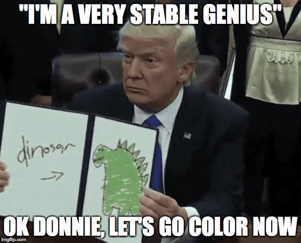 stable genius | "I'M A VERY STABLE GENIUS"; OK DONNIE, LET'S GO COLOR NOW | image tagged in philosophy dinosaur | made w/ Imgflip meme maker