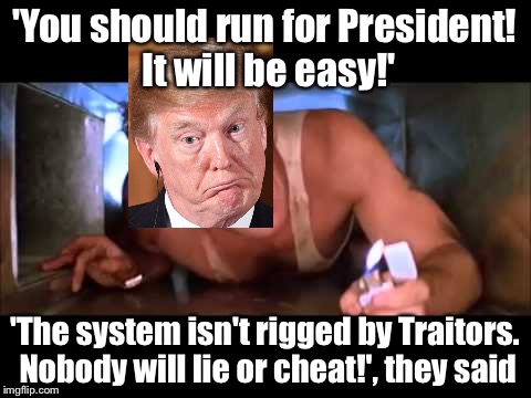 YIPPI KAI YAY! | 'You should run for President! It will be easy!' 'The system isn't rigged by Traitors. Nobody will lie or cheat!', they said | image tagged in donald trump,maga,die hard | made w/ Imgflip meme maker