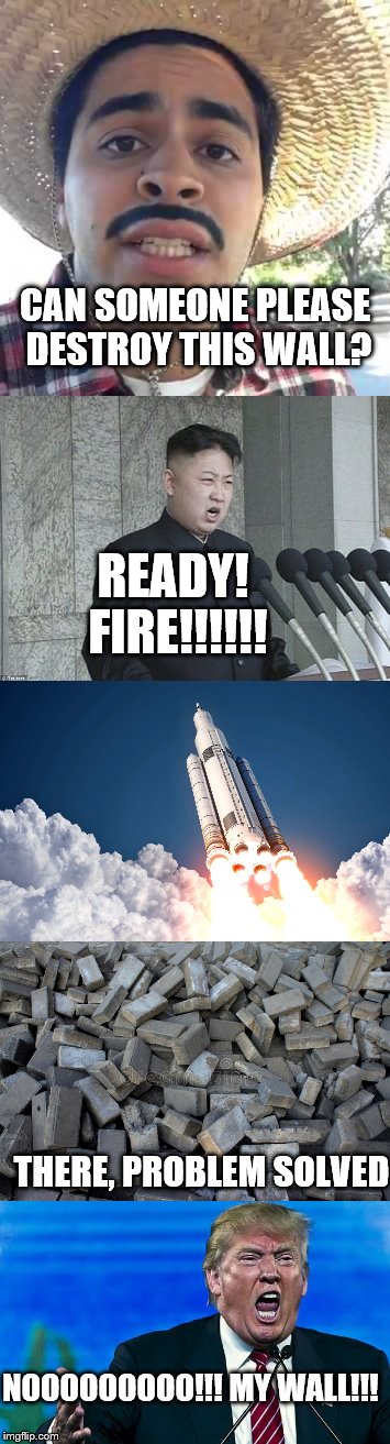Boom! | CAN SOMEONE PLEASE DESTROY THIS WALL? READY! FIRE!!!!!! THERE, PROBLEM SOLVED; NOOOOOOOOO!!! MY WALL!!! | image tagged in kim jong un,nuclear explosion,donald trump,wall | made w/ Imgflip meme maker