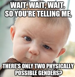 Skeptical Baby |  WAIT, WAIT, WAIT, SO YOU'RE TELLING ME, THERE'S ONLY TWO PHYSICALLY POSSIBLE GENDERS? | image tagged in memes,skeptical baby | made w/ Imgflip meme maker